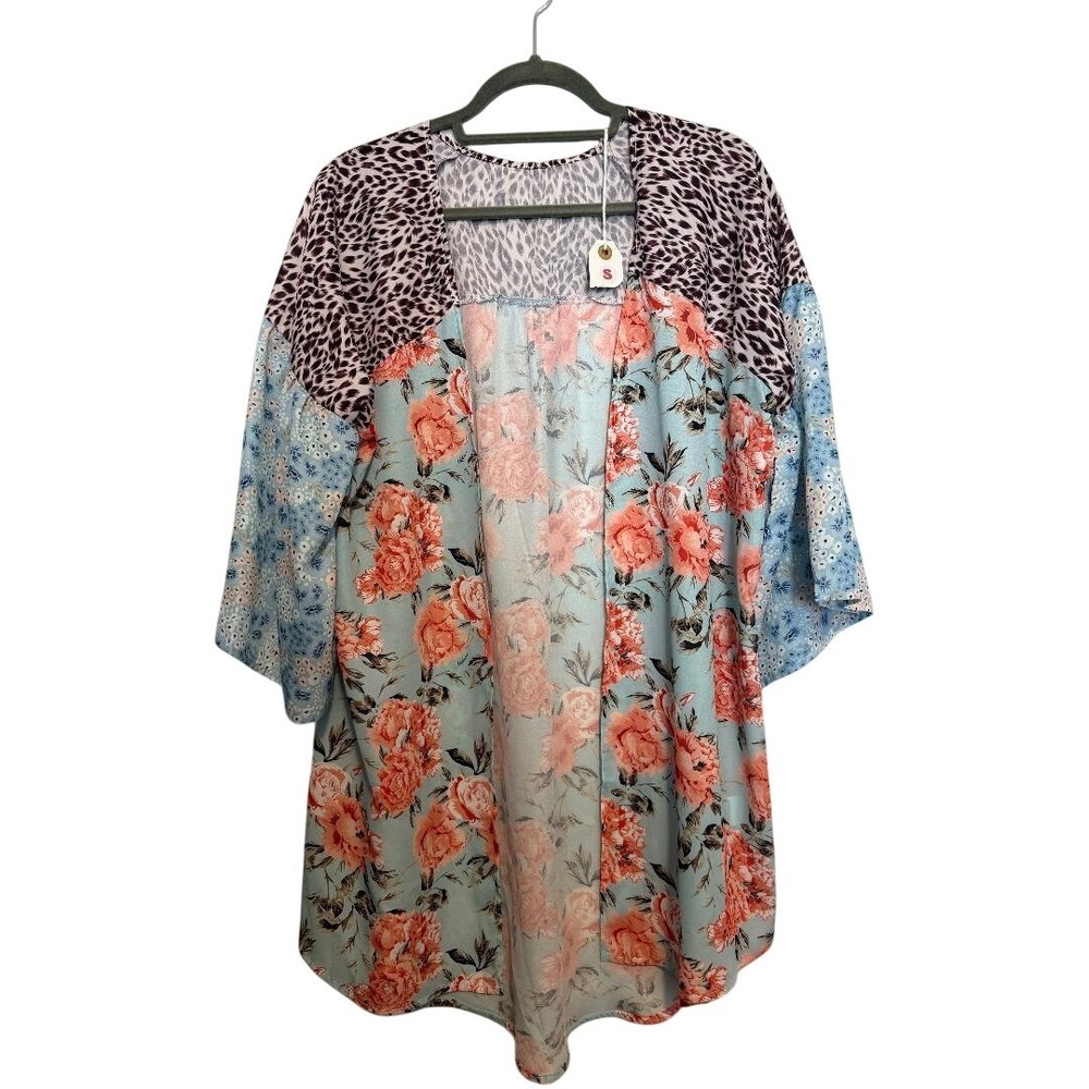 NWT-Mixed Print Floral Leopard Kimono/Coverup Open Front Blue Coral Medium - Picture 2 of 5